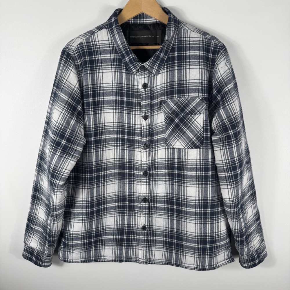 French Connection Plaid Quilted Flannel Shirt Jacket Mens XL Navy White Cotton